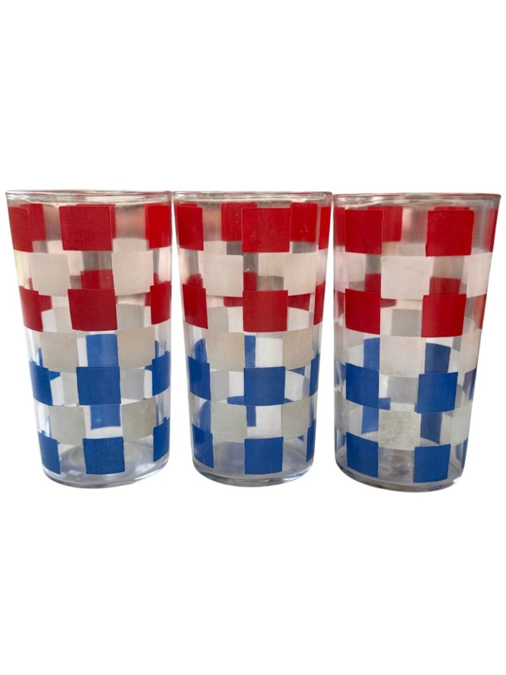 Set of 3 Red White Blue Checks 10 oz. Drinking Glasses Tumblers 4.65" Tall